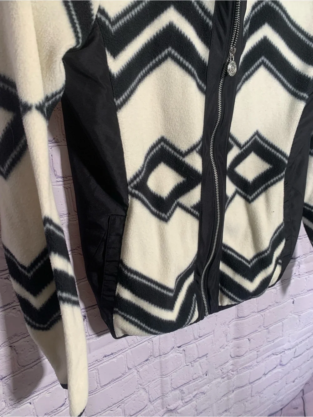 Lauren Ralph Lauren Womens Geometric Fleece Full Zip Jacket Cream Black Size M